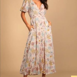 Pink Floral Print Puff Sleeve Midi Dress